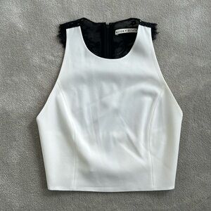 Alice and Olivia white crop top with black lace detailing, size 2